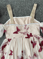 Sweet Butterfly Printed Strap Puff Sleeve Midi-Length Tulle Classy Prom Dress