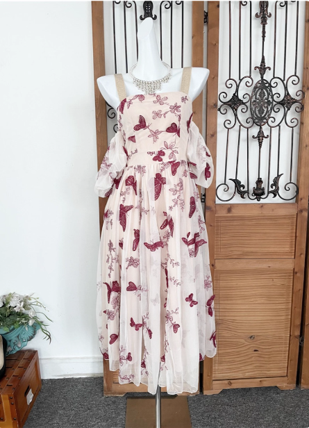 Sweet Butterfly Printed Strap Puff Sleeve Midi-Length Tulle Classy Prom Dress