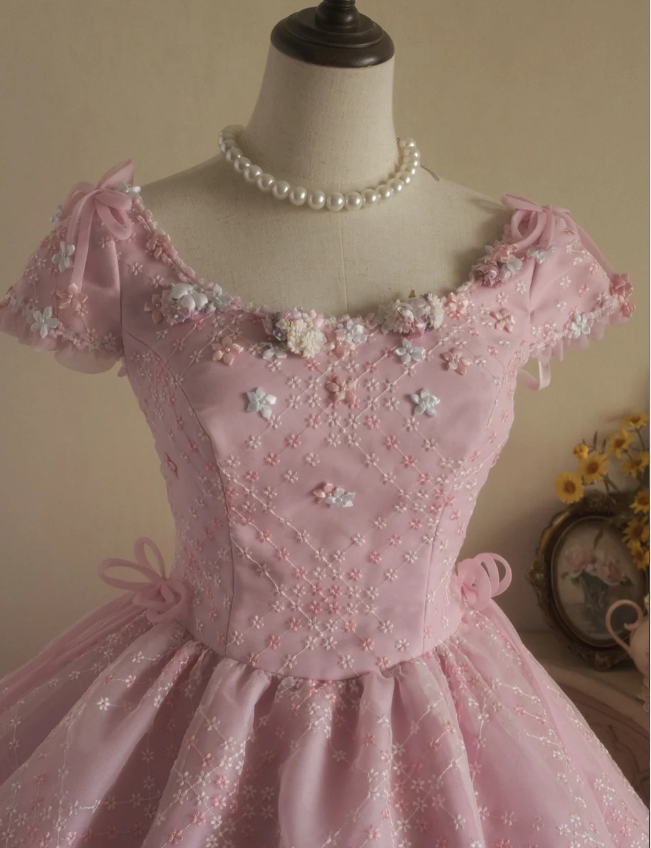Sweet Court Light Pink Embroidered Floral Tulle Ball Gown Prom Dress Sweet 16 Dress