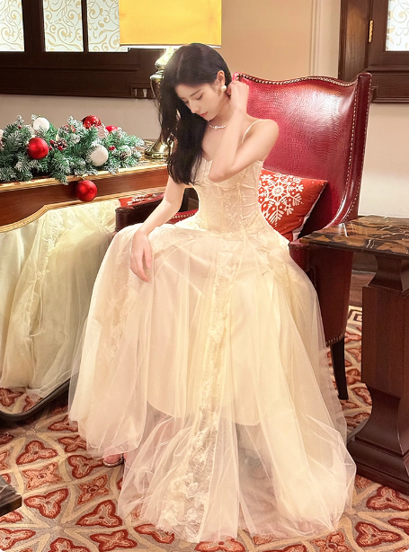 Sweet Cream Apricot A-Line Spaghetti Strap Lace Tulle Long Classy Prom Dress