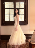 Sweet Cream Apricot A-Line Spaghetti Strap Lace Tulle Long Classy Prom Dress