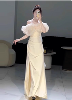 Sweet Cream Yellow A-Line Off-The-Shoulder Bow-Embellished High-Slit Satin Long Classy Prom Dress