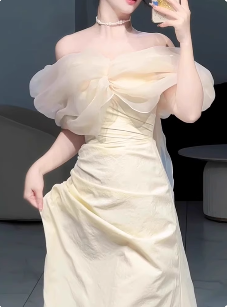 Sweet Cream Yellow A-Line Off-The-Shoulder Bow-Embellished High-Slit Satin Long Classy Prom Dress