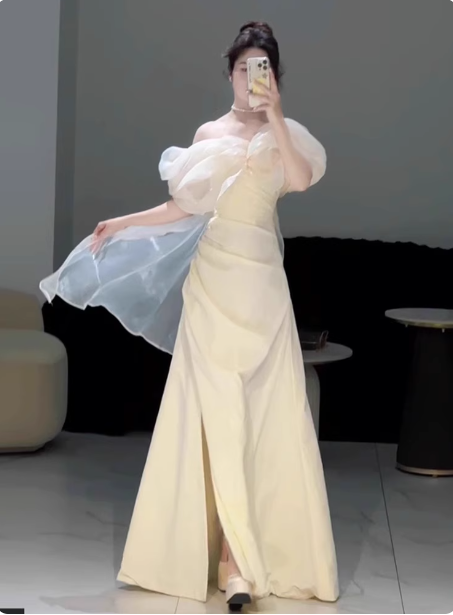 Sweet Cream Yellow A-Line Off-The-Shoulder Bow-Embellished High-Slit Satin Long Classy Prom Dress