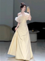 Sweet Cream Yellow A-Line Off-The-Shoulder Bow-Embellished High-Slit Satin Long Classy Prom Dress