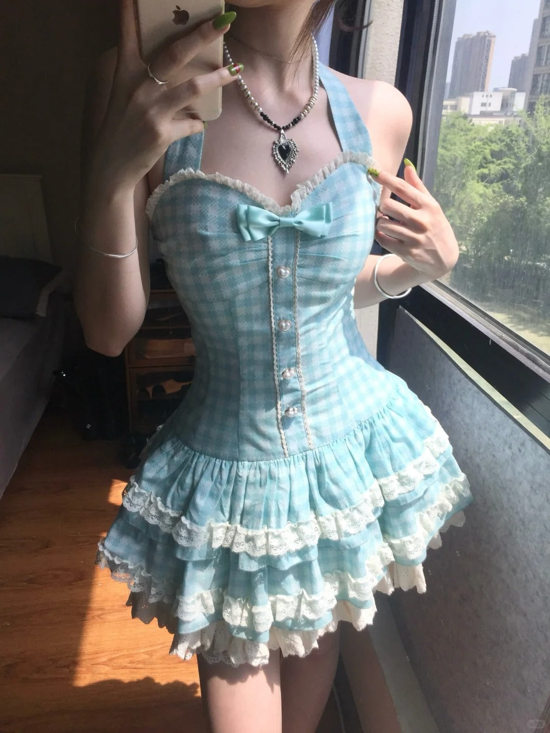 Sweet Halter Neck Blue Plaid Lace Trim Mini Homecoming Dress Secondary image