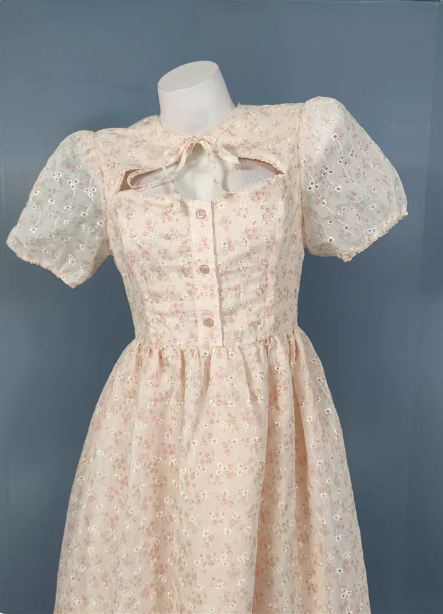 Sweet Light Apricot A-Line Floral Print Puff Sleeve Chiffon Classy Prom Dress