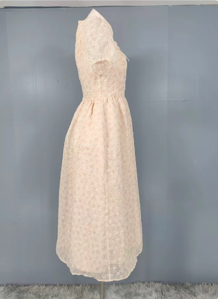 Sweet Light Apricot A-Line Floral Print Puff Sleeve Chiffon Classy Prom Dress