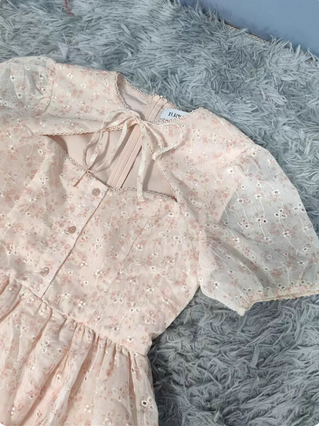 Sweet Light Apricot A-Line Floral Print Puff Sleeve Chiffon Classy Prom Dress