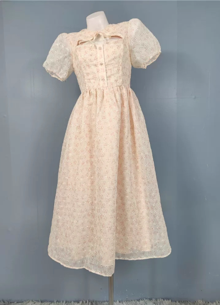 Sweet Light Apricot A-Line Floral Print Puff Sleeve Chiffon Classy Prom Dress