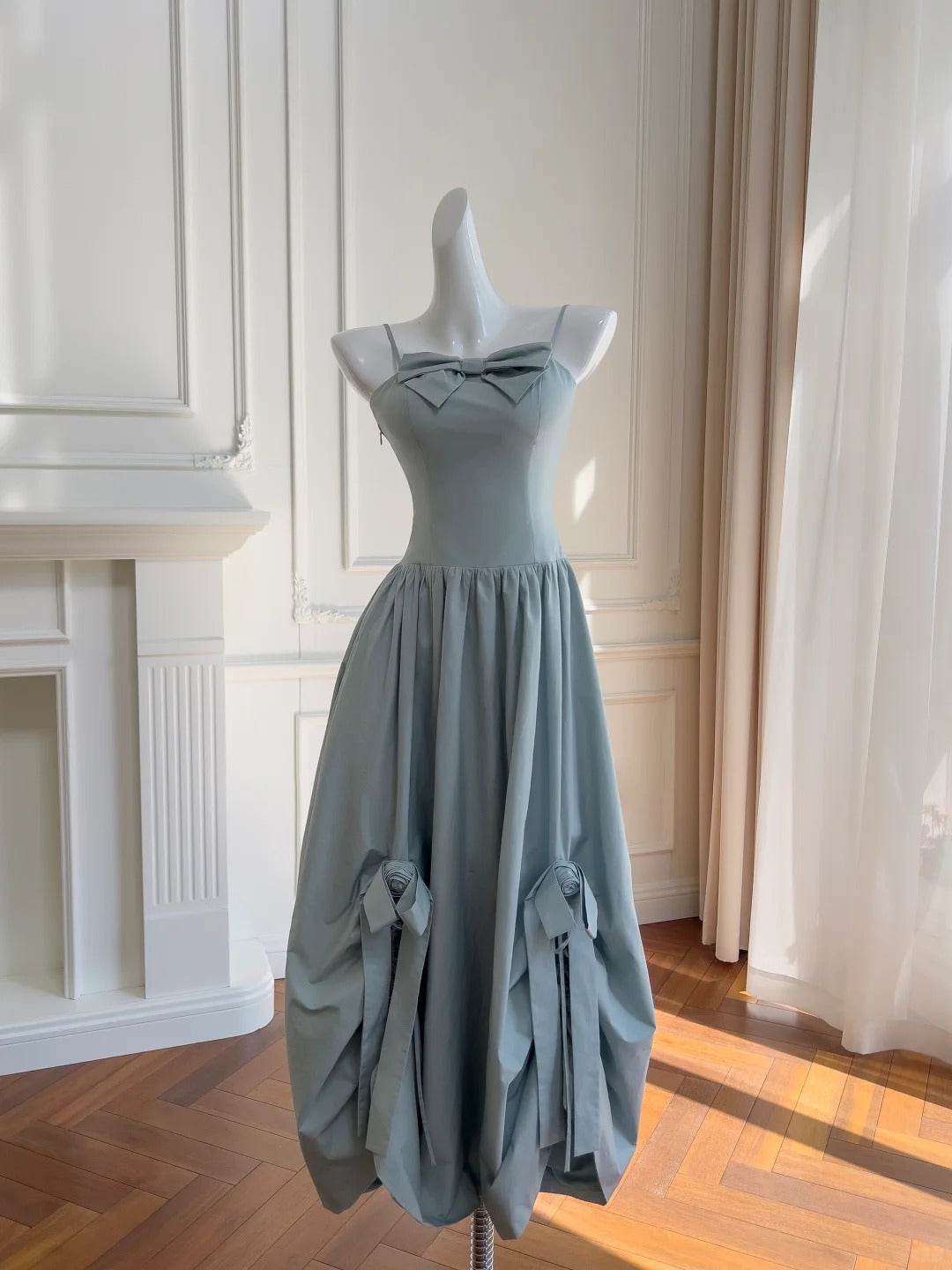 Sweet Light Blue Bud Strappy Bow Classy Prom Dress