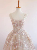 Sweet Light Champagne A-Line Tulle Sequin Applique Long Evening Prom Dress Evening Prom Dress Birthday Dress