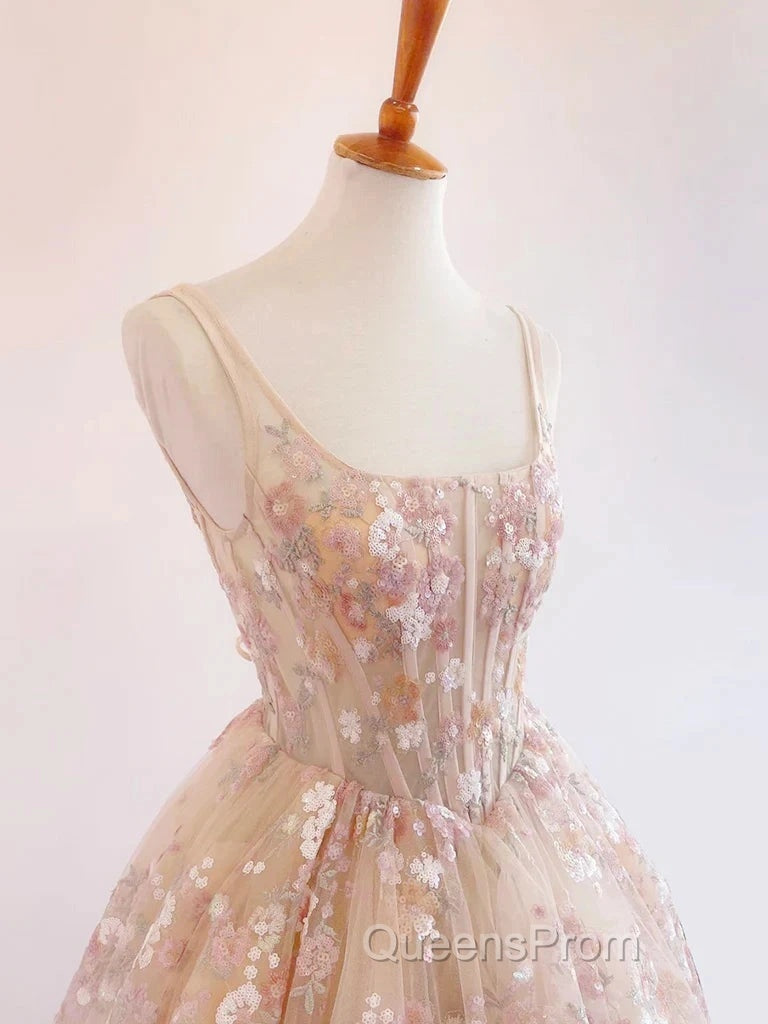 Sweet Light Champagne A-Line Tulle Sequin Applique Long Evening Prom Dress Evening Prom Dress Birthday Dress