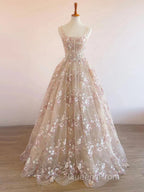 Sweet Light Champagne A-Line Tulle Sequin Applique Long Evening Prom Dress Evening Prom Dress Birthday Dress