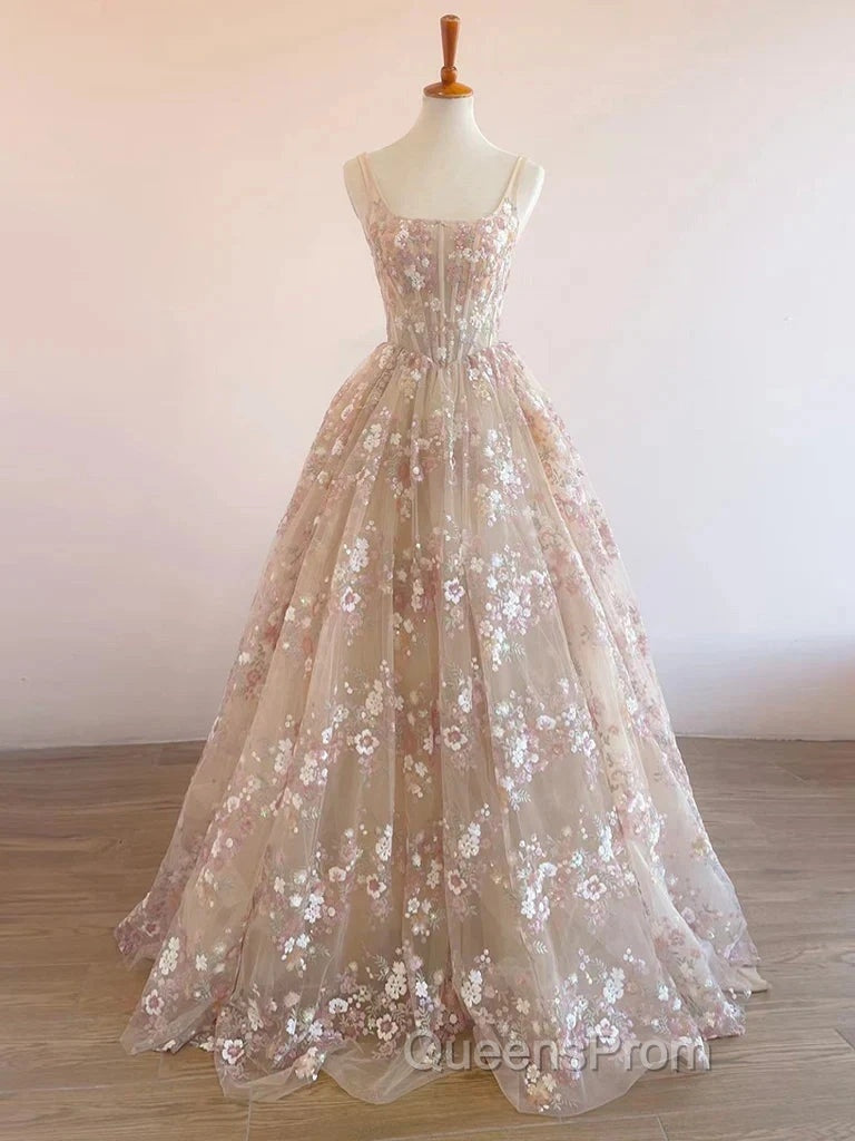 Sweet Light Champagne A-Line Tulle Sequin Applique Long Evening Prom Dress Evening Prom Dress Birthday Dress