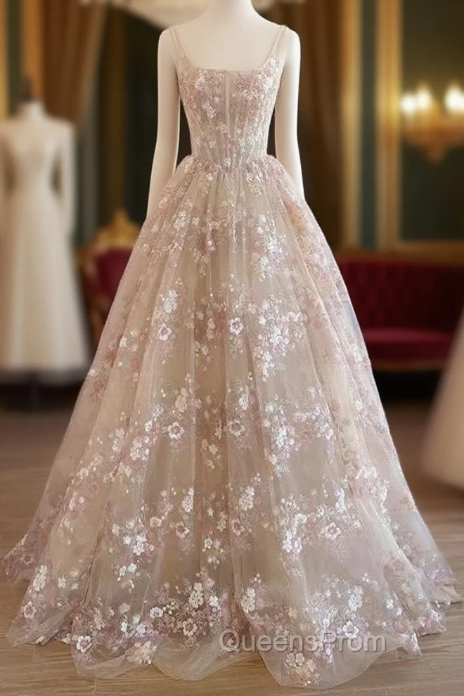 Sweet Light Champagne A-Line Tulle Sequin Applique Long Evening Prom Dress Evening Prom Dress Birthday Dress Main image