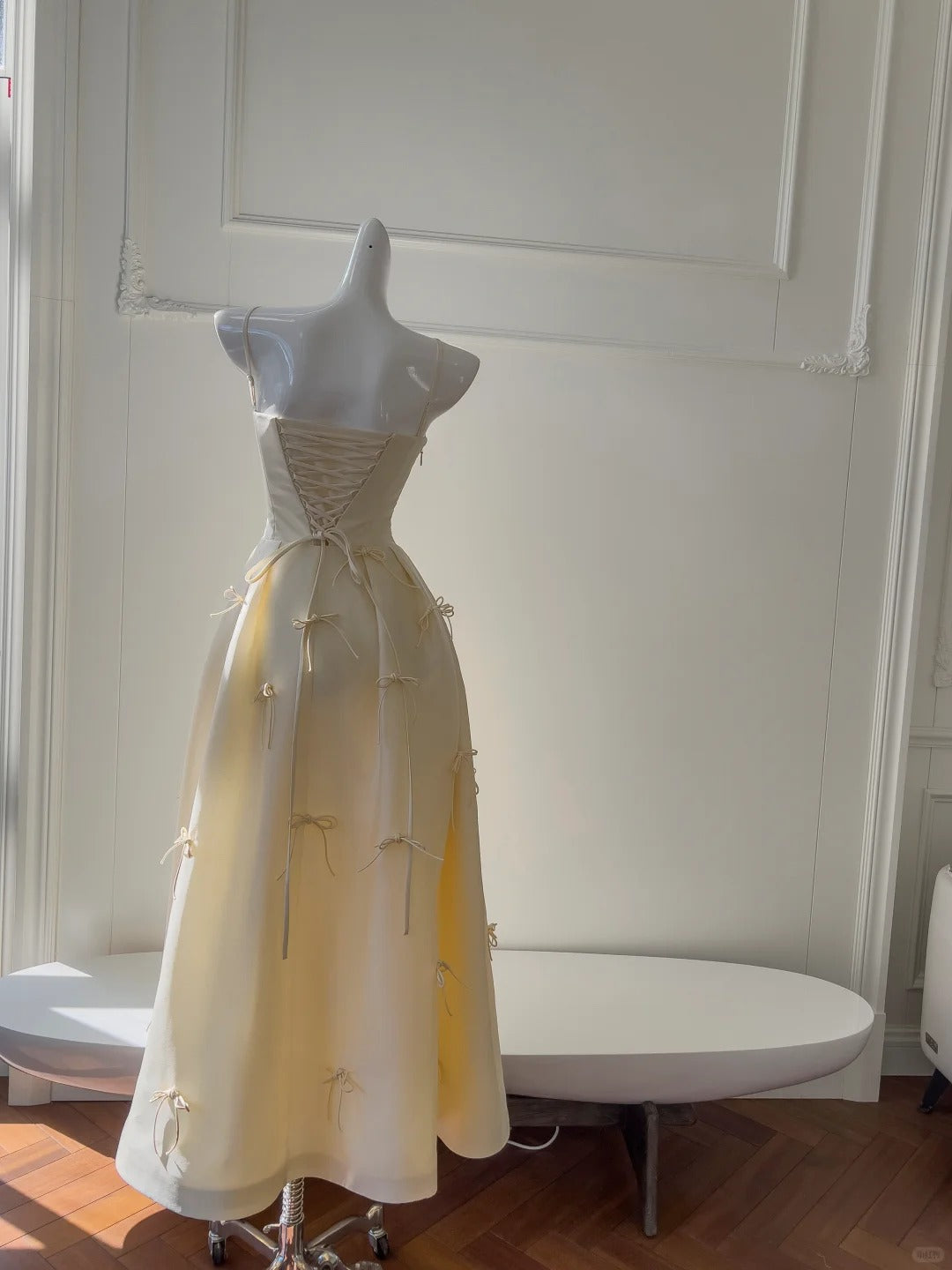 Sweet Light Yellow A-Line Spaghetti Strap Bow Satin Long Classy Prom Dress Bridesmaid Dress