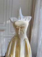 Sweet Light Yellow A-Line Spaghetti Strap Bow Satin Long Classy Prom Dress Bridesmaid Dress