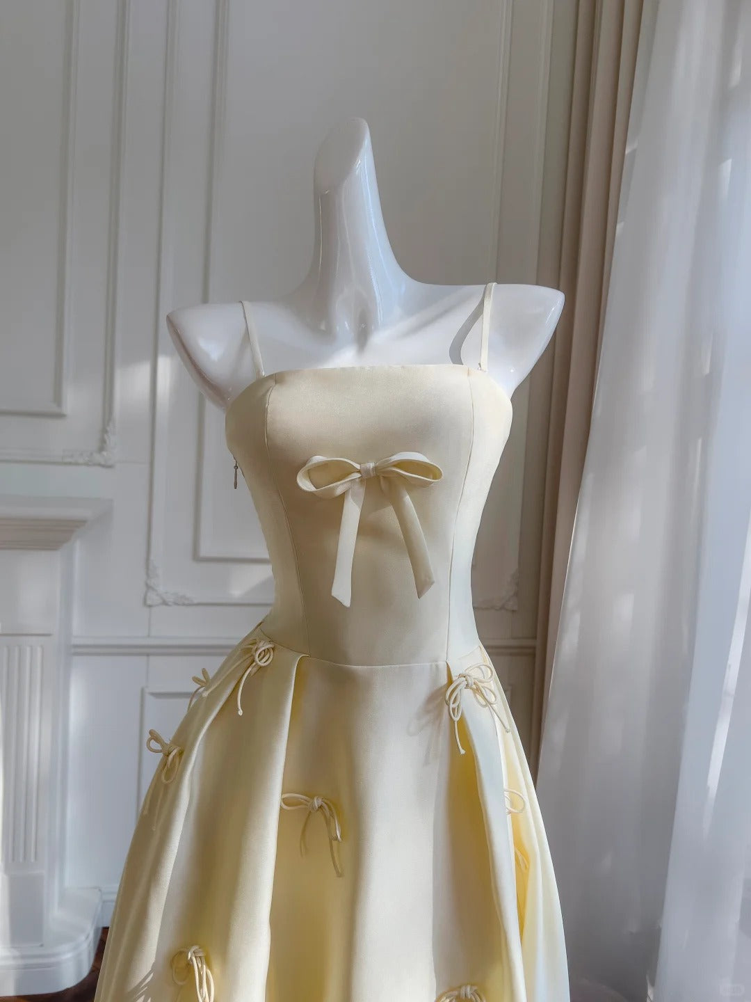 Sweet Light Yellow A-Line Spaghetti Strap Bow Satin Long Classy Prom Dress Bridesmaid Dress