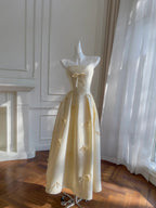 Sweet Light Yellow A-Line Spaghetti Strap Bow Satin Long Classy Prom Dress Bridesmaid Dress