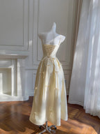 Sweet Light Yellow A-Line Spaghetti Strap Bow Satin Long Classy Prom Dress Bridesmaid Dress
