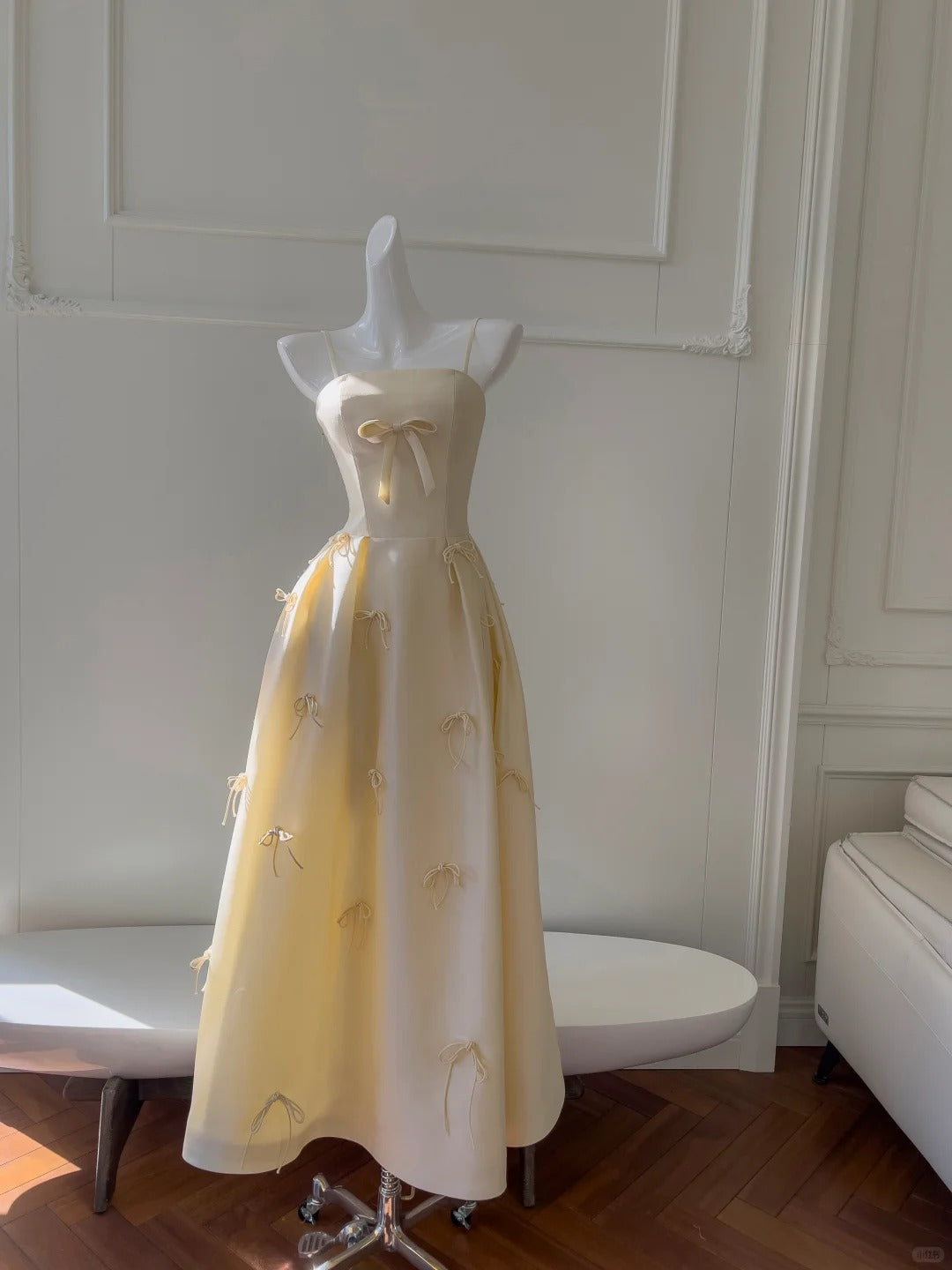Sweet Light Yellow A-Line Spaghetti Strap Bow Satin Long Classy Prom Dress Bridesmaid Dress Main image