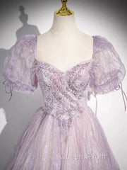 Sweet Lilac A-Line Sweetheart Tulle Beaded Long Evening Prom Dress Puffy Sleeves Graduation Dress