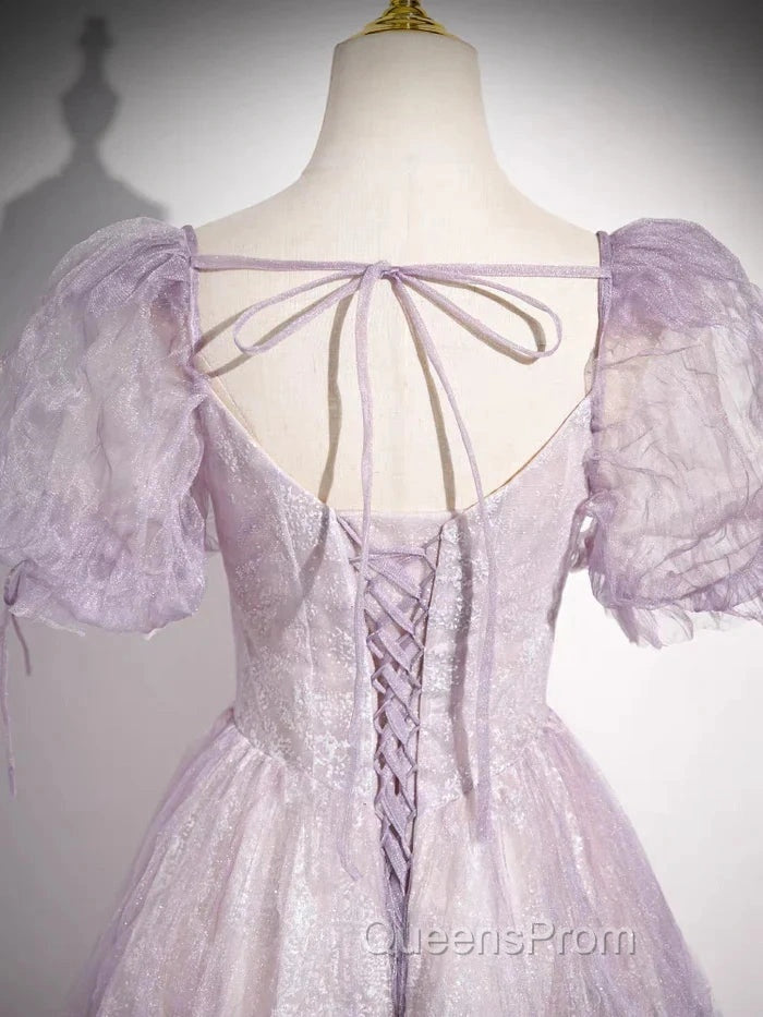 Sweet Lilac A-Line Sweetheart Tulle Beaded Long Evening Prom Dress Puffy Sleeves Graduation Dress