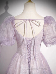 Sweet Lilac A-Line Sweetheart Tulle Beaded Long Evening Prom Dress Puffy Sleeves Graduation Dress