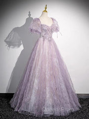 Sweet Lilac A-Line Sweetheart Tulle Beaded Long Evening Prom Dress Puffy Sleeves Graduation Dress