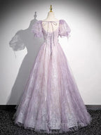 Sweet Lilac A-Line Sweetheart Tulle Beaded Long Evening Prom Dress Puffy Sleeves Graduation Dress