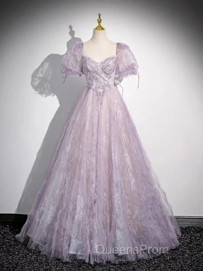 Sweet Lilac A-Line Sweetheart Tulle Beaded Long Evening Prom Dress Puffy Sleeves Graduation Dress