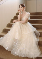Sweet Milk Apricot A-Line Puff Short Sleeve Tulle Long Classy Prom Dress
