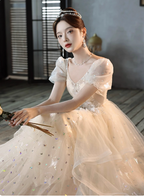 Sweet Milk Apricot A-Line Puff Short Sleeve Tulle Long Classy Prom Dress