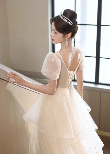 Sweet Milk Apricot A-Line Puff Short Sleeve Tulle Long Classy Prom Dress