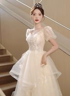 Sweet Milk Apricot A-Line Puff Short Sleeve Tulle Long Classy Prom Dress