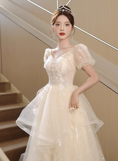 Sweet Milk Apricot A-Line Puff Short Sleeve Tulle Long Classy Prom Dress
