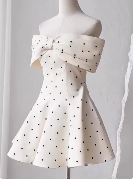 Sweet One-Shoulder Bow Satin Polka Dot Puffy Birthday Skirt Homecoming Dress