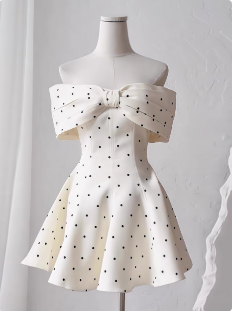 Sweet One-Shoulder Bow Satin Polka Dot Puffy Birthday Skirt Homecoming Dress Main image
