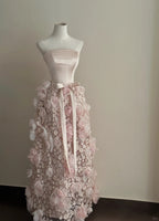 Sweet Pale Pink A-Line 3D Floral Satin And Tulle Long Classy Prom Dress Wedding Dress