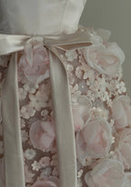 Sweet Pale Pink A-Line 3D Floral Satin And Tulle Long Classy Prom Dress Wedding Dress
