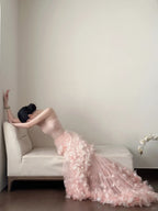 Sweet Pale Pink Mermaid Tail Three-Dimensional Petal Long Classy Prom Dress Wedding Dress