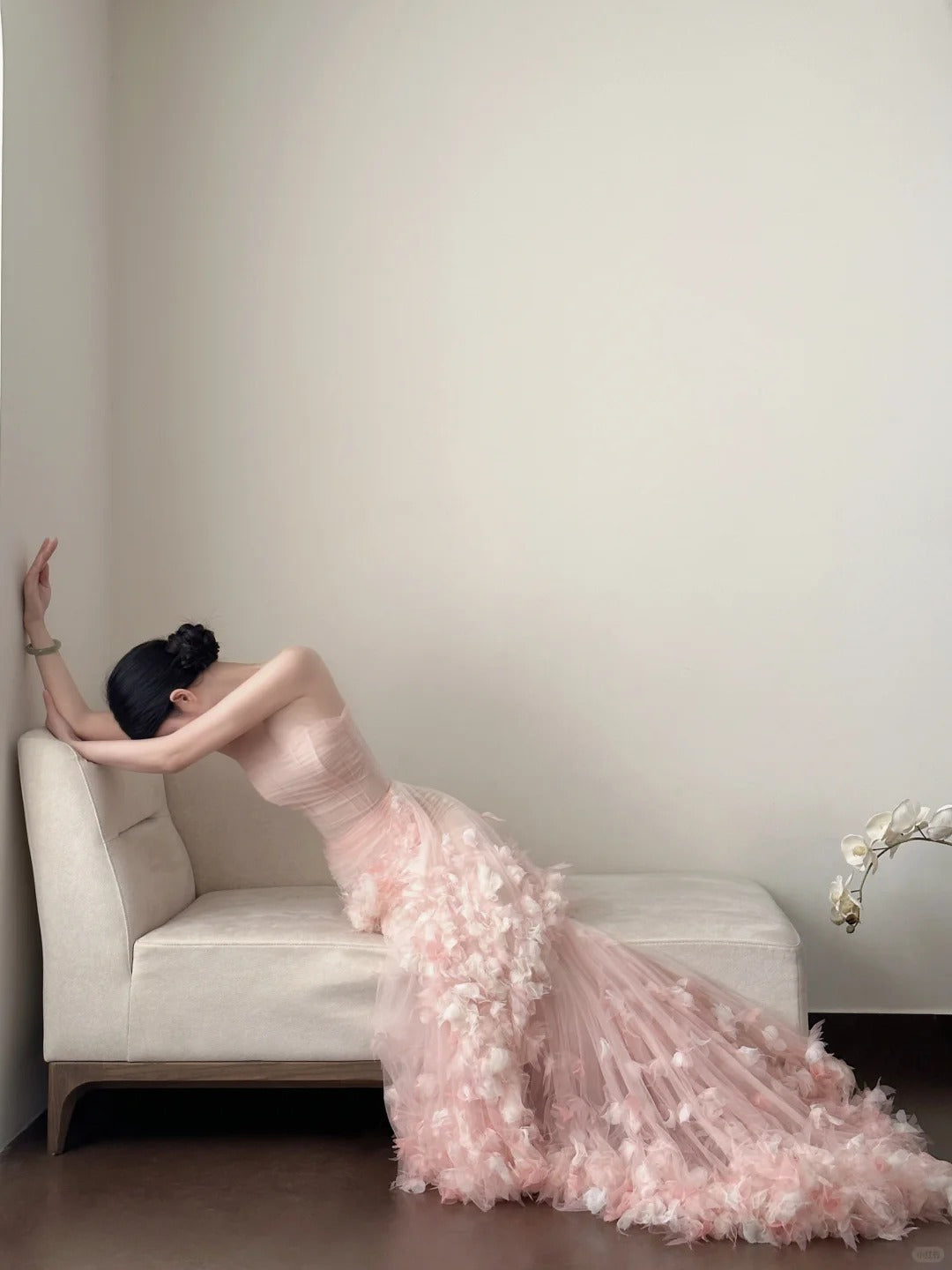 Sweet Pale Pink Mermaid Tail Three-Dimensional Petal Long Classy Prom Dress Wedding Dress