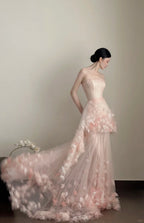 Sweet Pale Pink Mermaid Tail Three-Dimensional Petal Long Classy Prom Dress Wedding Dress