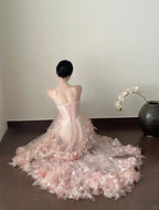 Sweet Pale Pink Mermaid Tail Three-Dimensional Petal Long Classy Prom Dress Wedding Dress