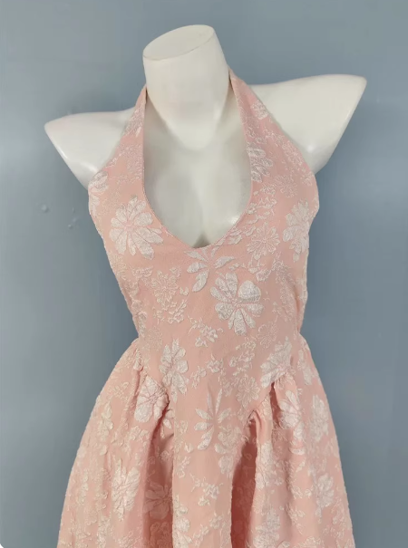 Sweet Pink A-Line Halter V-Neck Jacquard Classy Prom Dress Secondary image