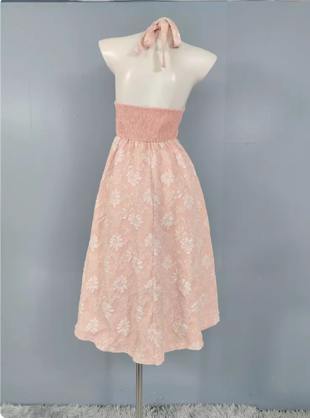 Sweet Pink A-Line Halter V-Neck Jacquard Classy Prom Dress