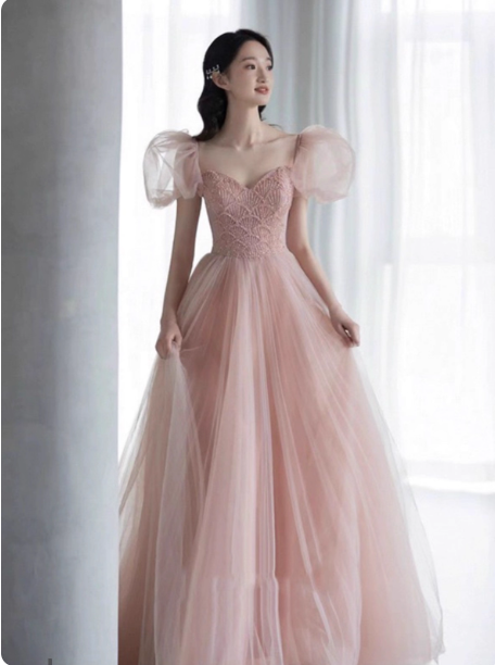 Sweet Pink A-Line Puff Sleeve Beaded Tulle Long Classy Prom Dress Secondary image