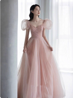 Sweet Pink A-Line Puff Sleeve Beaded Tulle Long Classy Prom Dress