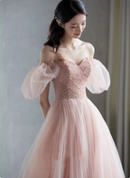 Sweet Pink A-Line Puff Sleeve Beaded Tulle Long Classy Prom Dress